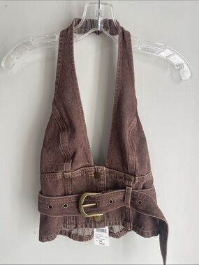 Brown Washed Denim Vest with Belt